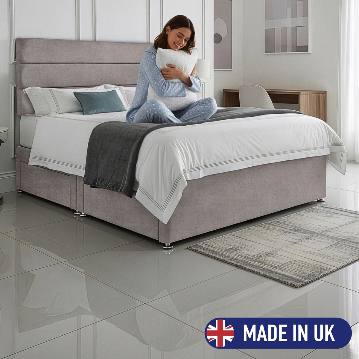 5ft King Size Divan Bed Set with Orthopaedic Mattress, 2 Storage Drawers and 26-Inch Headboard, Silver