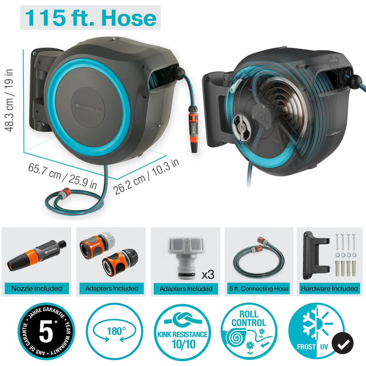 GARDENA (18630) Retractable Garden Hose Reel 115' ft, Wall Mounted