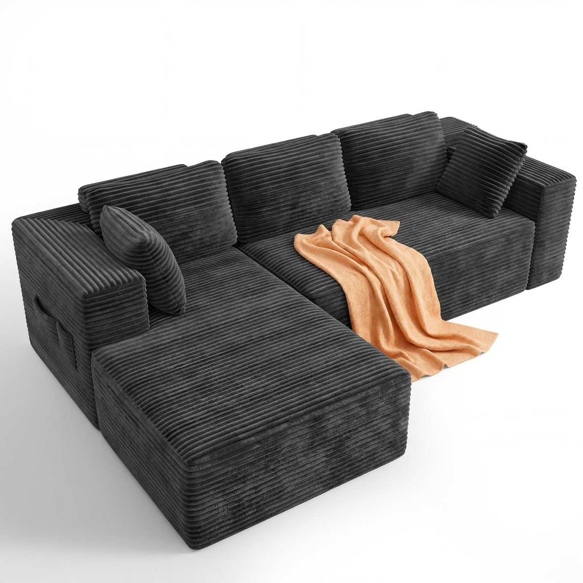 250cm Modular L-Shaped Corner Sofa in Dark Grey Corduroy with Built-In Storage and No Assembly Required