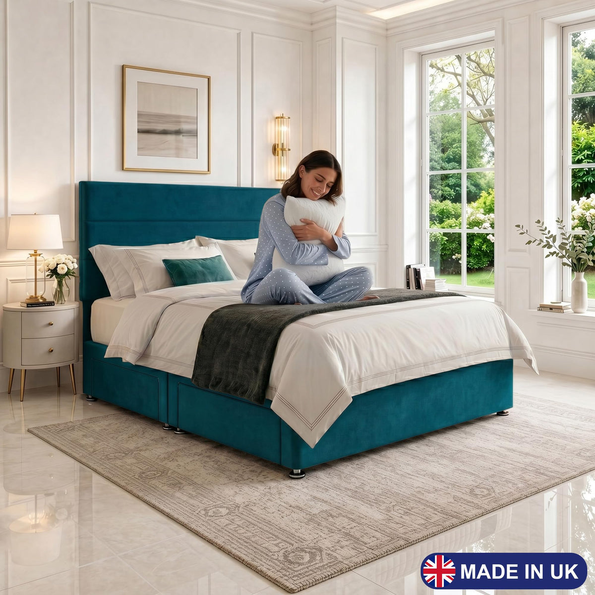 5ft King Size Divan Bed Set with Orthopaedic Mattress, 2 Storage Drawers and 26-Inch Headboard, Jade