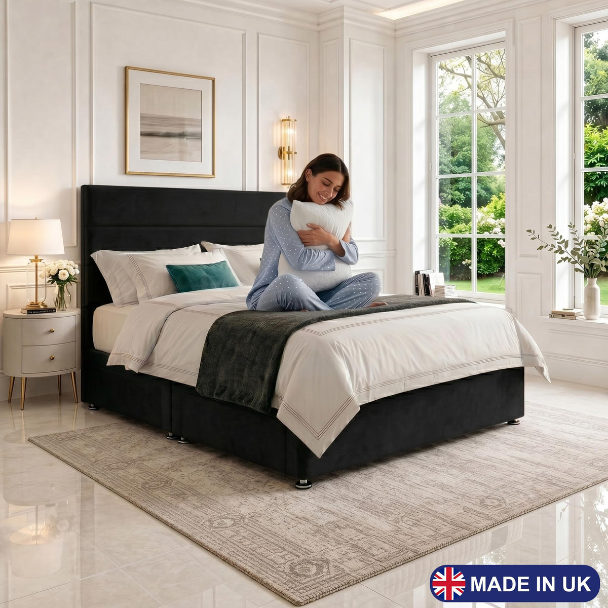 5ft King Size Divan Bed Set with Orthopaedic Mattress, 2 Storage Drawers and 26-Inch Headboard, Black