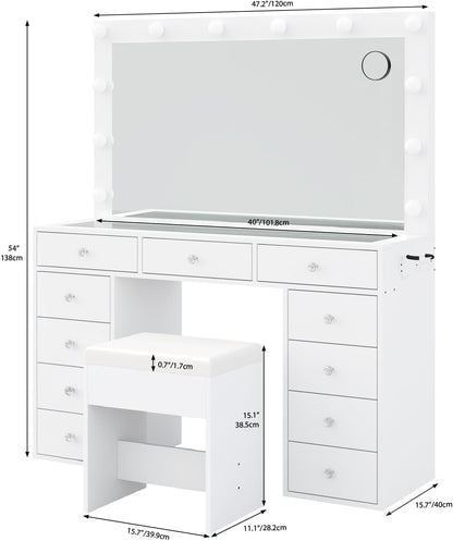 Makeup Vanity Desk with 12-Bulb LED Mirror, 11 Drawers, Built-In Power Outlet and Chair, White Glass Top