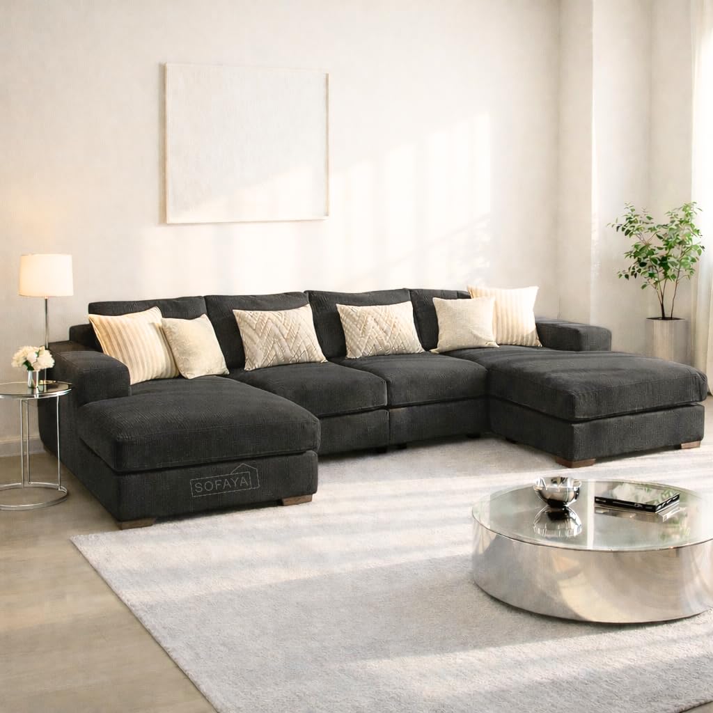 U-Shaped 4-5 Seater Sectional Sofa with Full Back Chaise and Tufted Arms in Black Linen