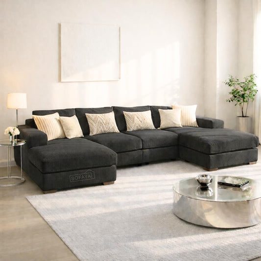 U-Shaped 4-5 Seater Sectional Sofa with Full Back Chaise and Tufted Arms in Black Linen