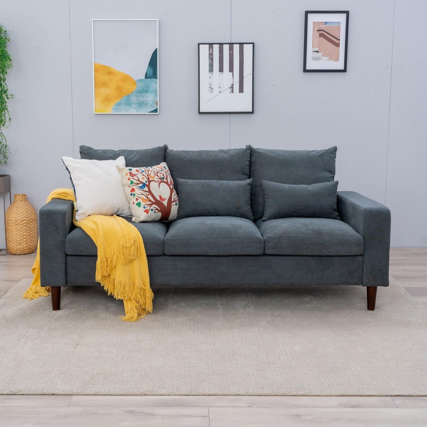 Grey Linen 3-Seater and 2-Seater Fabric Sofa Set with Pocket Spring Cushions and Solid Wood Legs