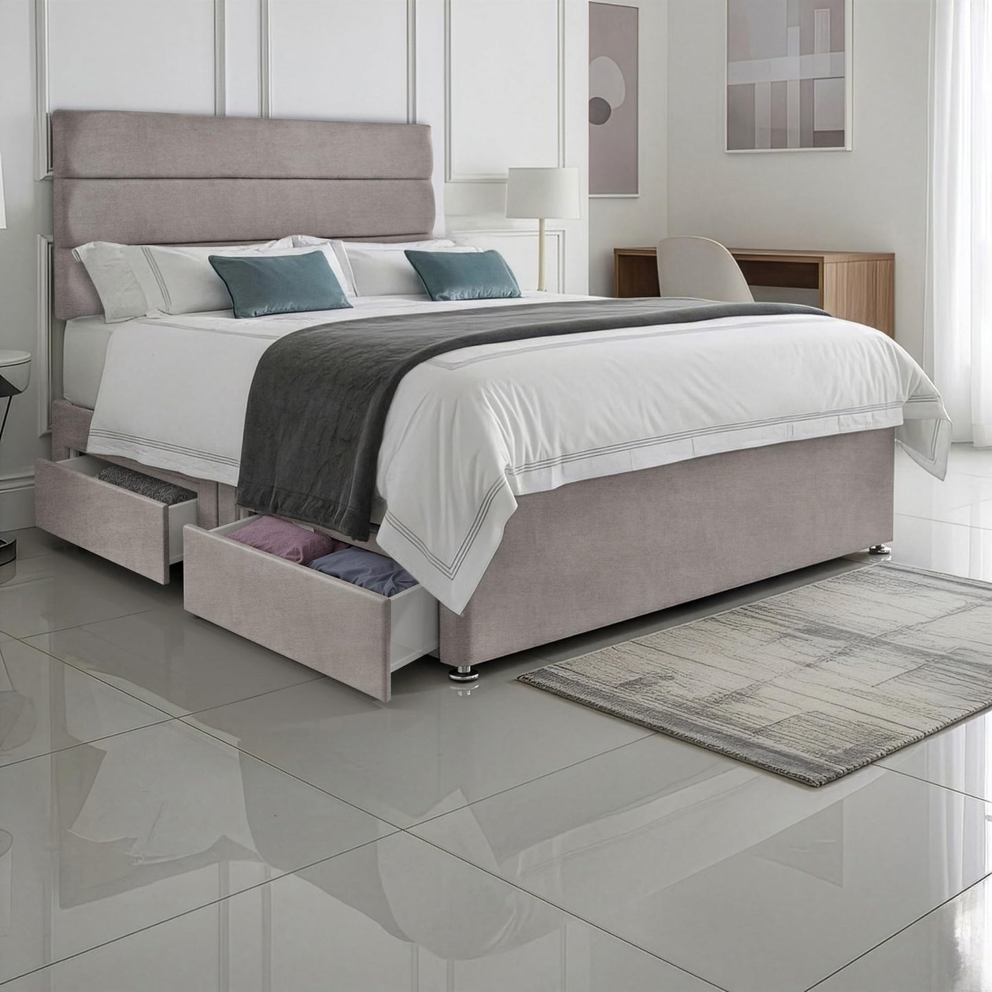 5ft King Size Divan Bed Set with Orthopaedic Mattress, 2 Storage Drawers and 26-Inch Headboard, Silver