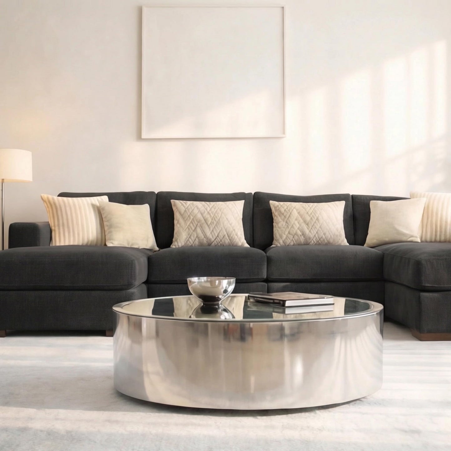 U-Shaped 4-5 Seater Sectional Sofa with Full Back Chaise and Tufted Arms in Black Linen