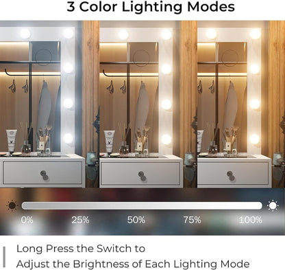 Makeup Vanity Desk with 12-Bulb LED Mirror, 11 Drawers, Built-In Power Outlet and Chair, White Glass Top