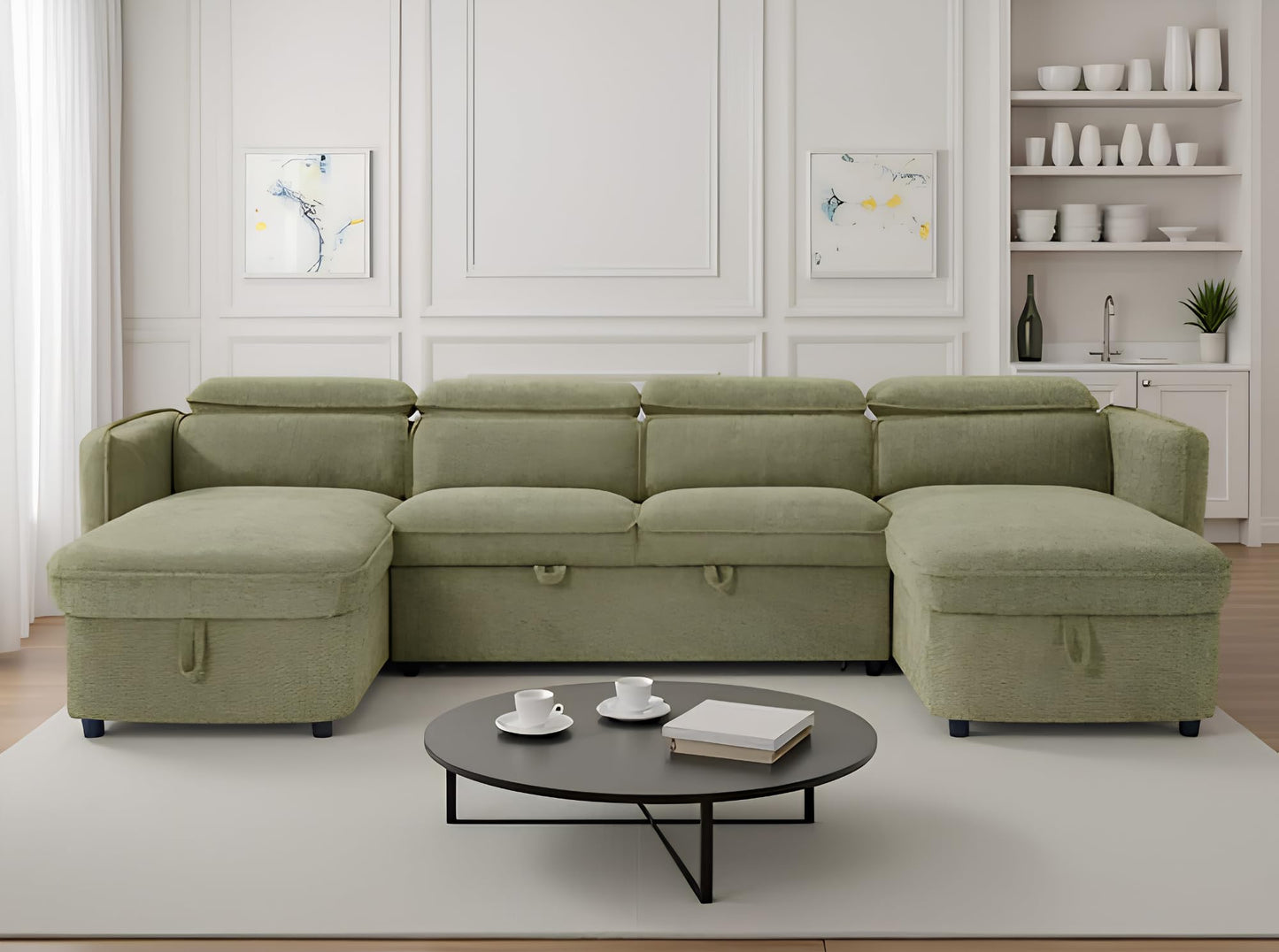 U-Shaped Corner Sofa Bed in Green Upholstery with 2-Person Delivery and In-Room Assembly