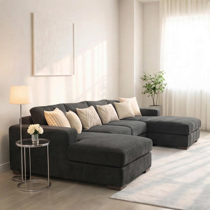 U-Shaped 4-5 Seater Sectional Sofa with Full Back Chaise and Tufted Arms in Black Linen