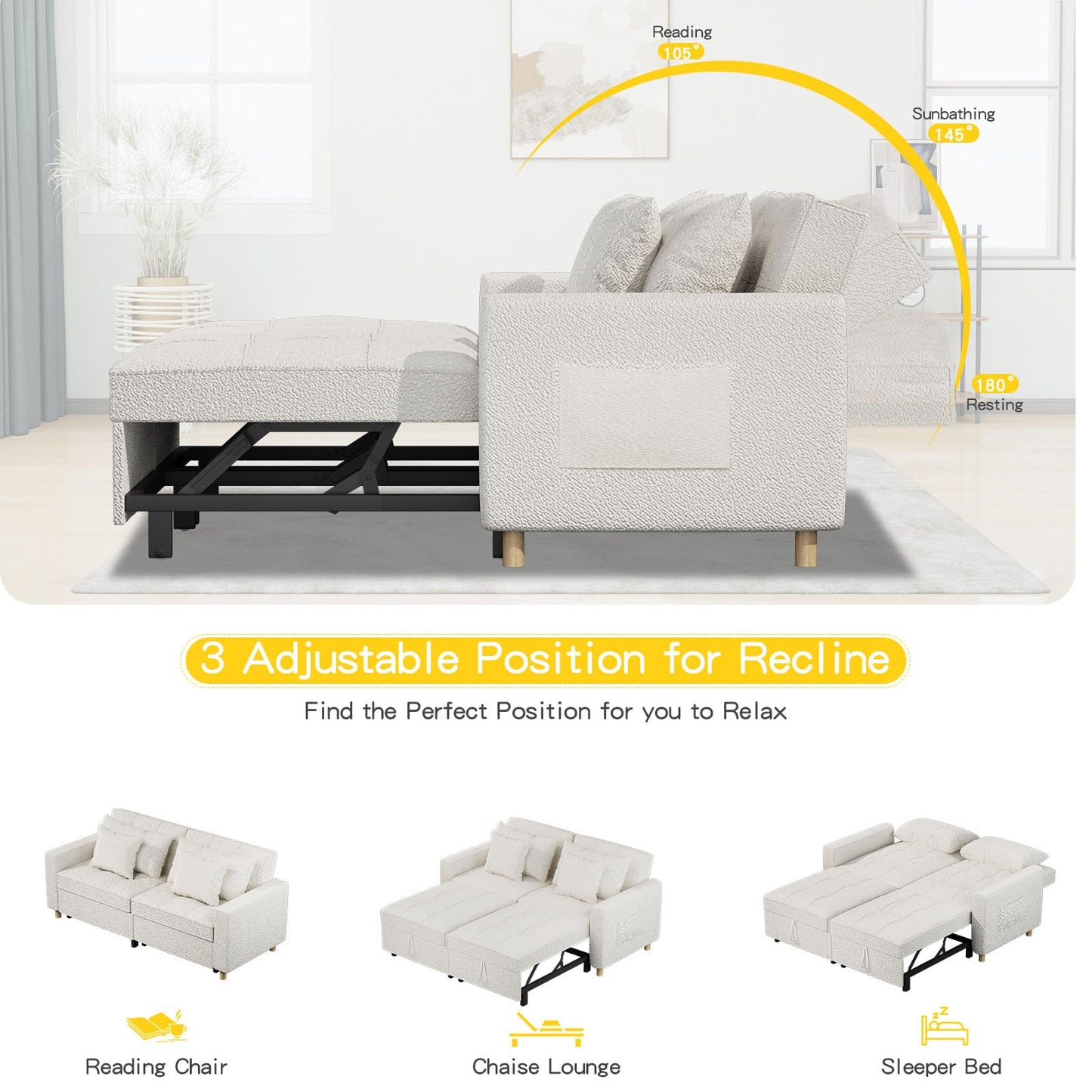 3-in-1 Convertible Sofa Bed with Dual Independent Adjustable Backrests and Castor Wheels, White Linen