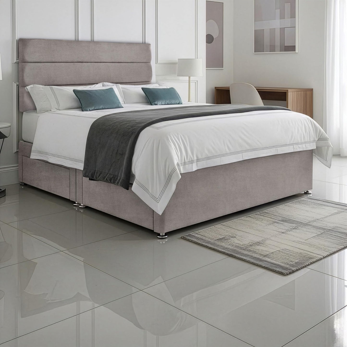 5ft King Size Divan Bed Set with Orthopaedic Mattress, 2 Storage Drawers and 26-Inch Headboard, Silver