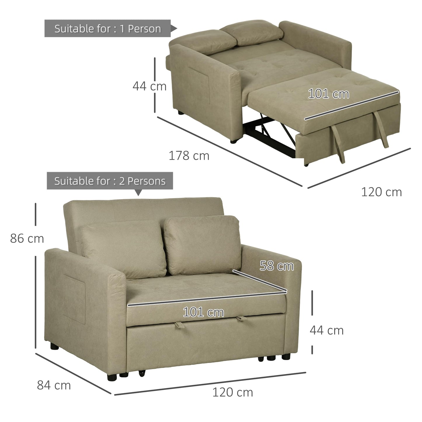 2-Seater Sofa Bed Settee in Snow Flannel with 3-Position Recline and Pull-Out Bed, 120cm, Light Brown