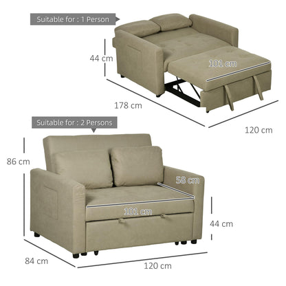 2-Seater Sofa Bed Settee in Snow Flannel with 3-Position Recline and Pull-Out Bed, 120cm, Light Brown