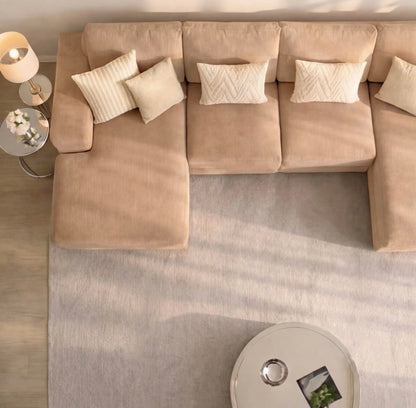 U-Shaped 4-5 Seater Sectional Sofa with Full Back Chaise and Tufted Arms in Beige Linen