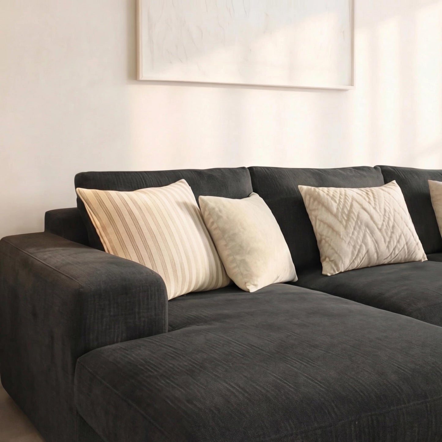 U-Shaped 4-5 Seater Sectional Sofa with Full Back Chaise and Tufted Arms in Black Linen