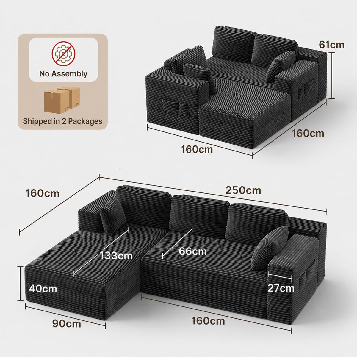 250cm Modular L-Shaped Corner Sofa in Dark Grey Corduroy with Built-In Storage and No Assembly Required