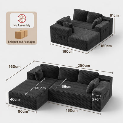 250cm Modular L-Shaped Corner Sofa in Dark Grey Corduroy with Built-In Storage and No Assembly Required