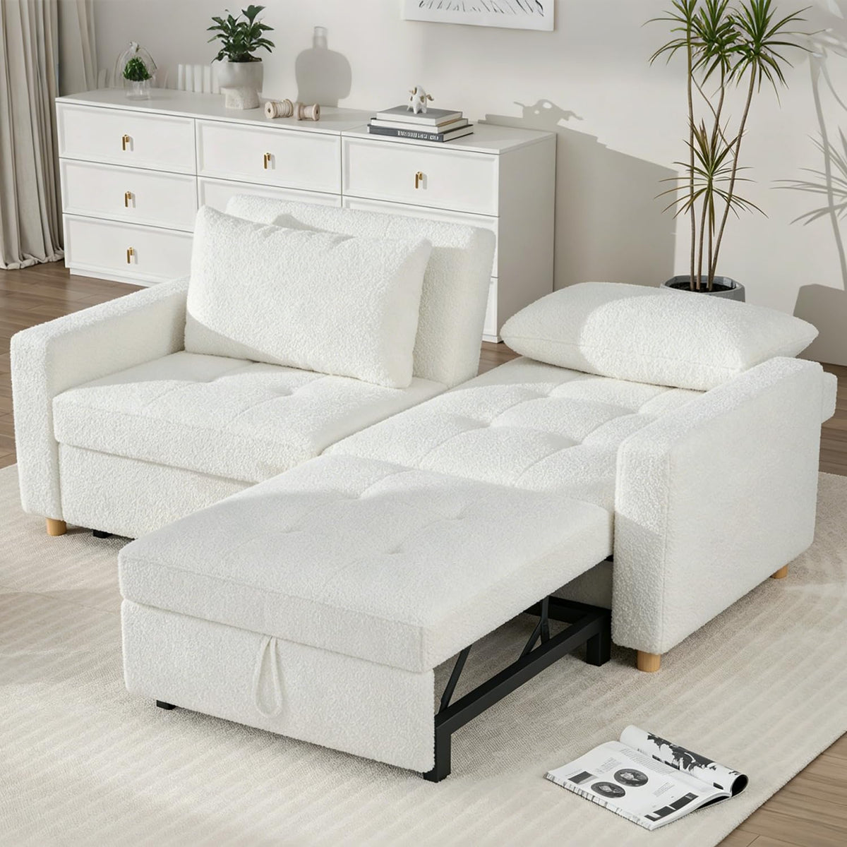 3-in-1 Convertible Sofa Bed with Dual Independent Adjustable Backrests and Castor Wheels, White Linen