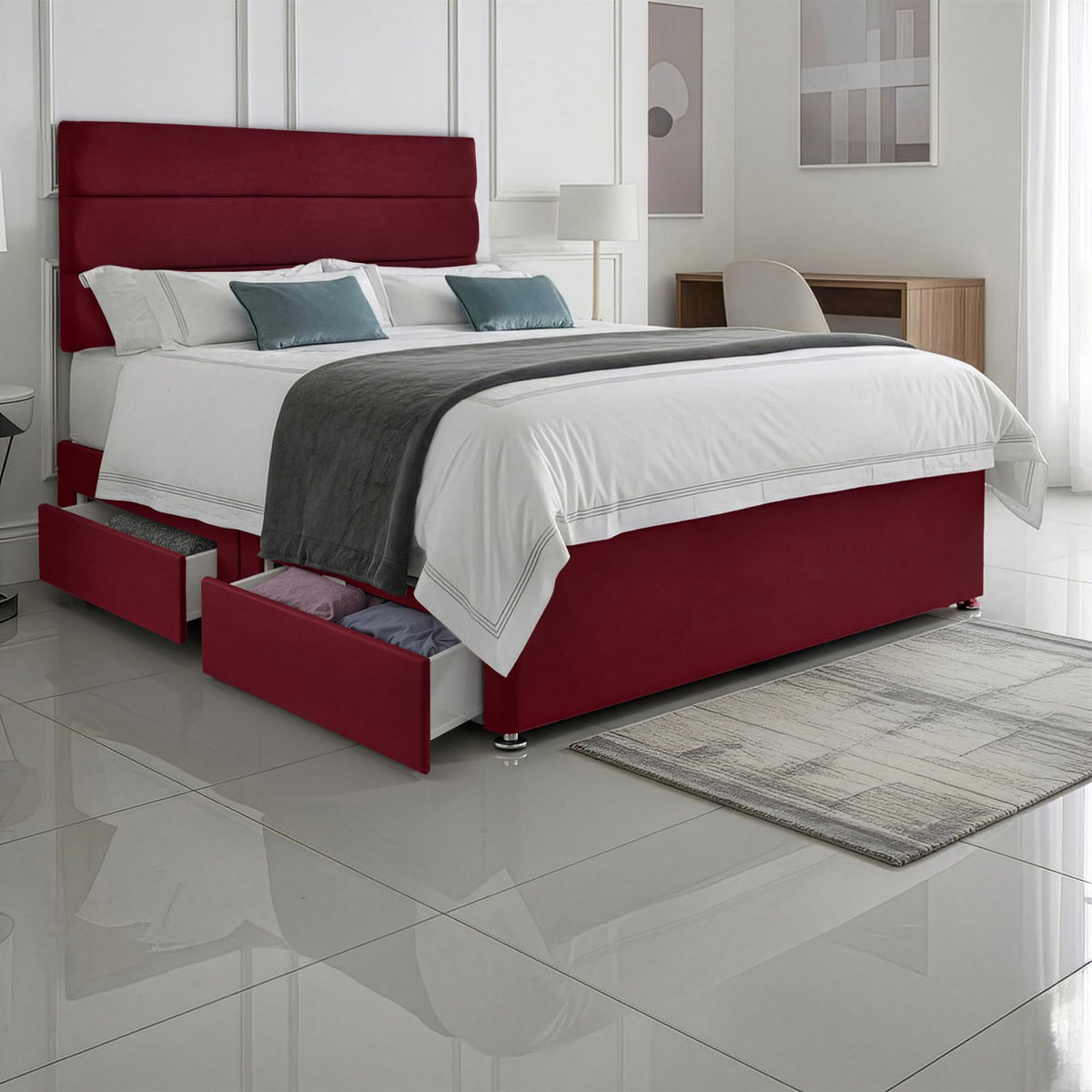 5ft King Size Divan Bed Set with Orthopaedic Mattress, 2 Storage Drawers and 26-Inch Headboard, Mulberry