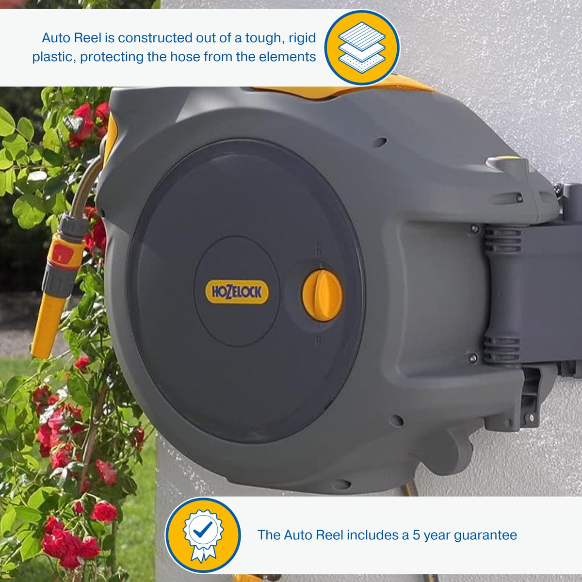 HOZELOCK - Auto Reel Wall-mounted 40m: Easy to Install, Child-lock, Auto-rewind
