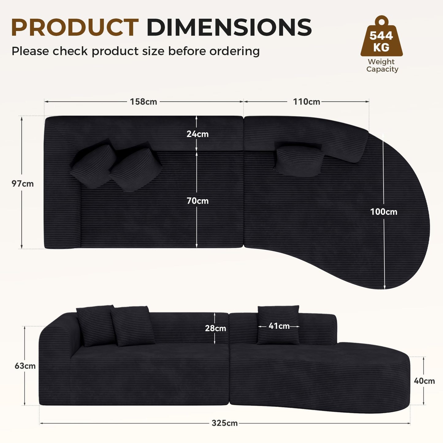 315cm Modular Boneless Corner Sofa in Black Corduroy with Memory Foam Cushions and No Assembly Required