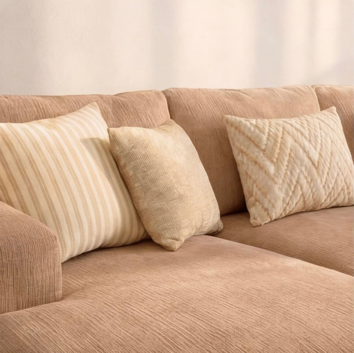 U-Shaped 4-5 Seater Sectional Sofa with Full Back Chaise and Tufted Arms in Beige Linen