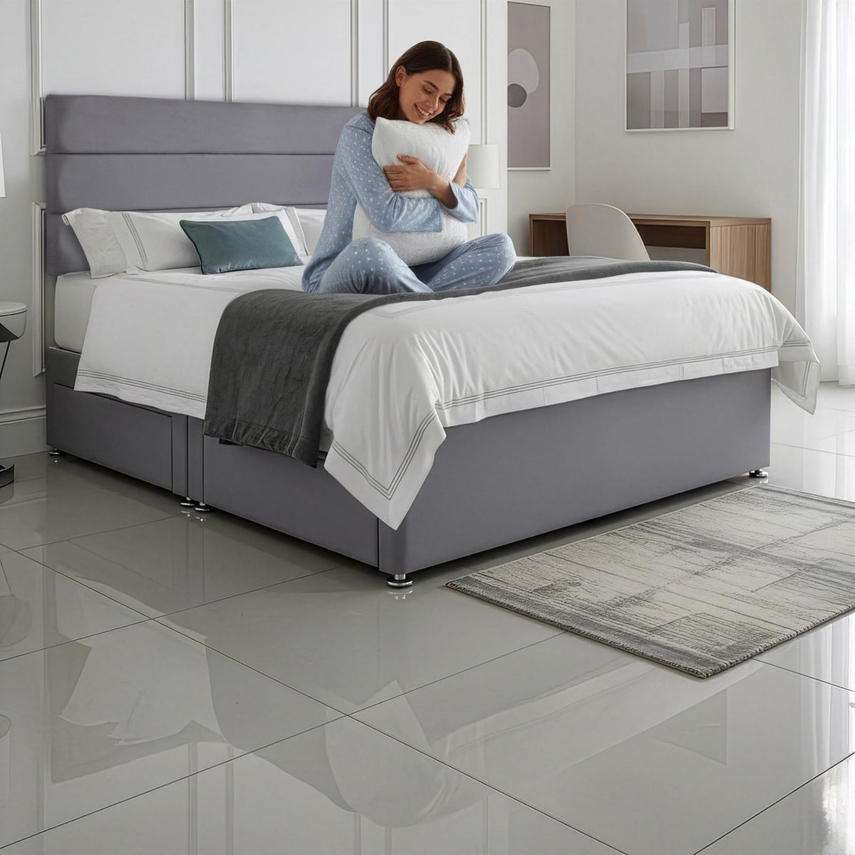 5ft King Size Divan Bed Set with Orthopaedic Mattress, 2 Storage Drawers and 26-Inch Headboard, Sierra Grey