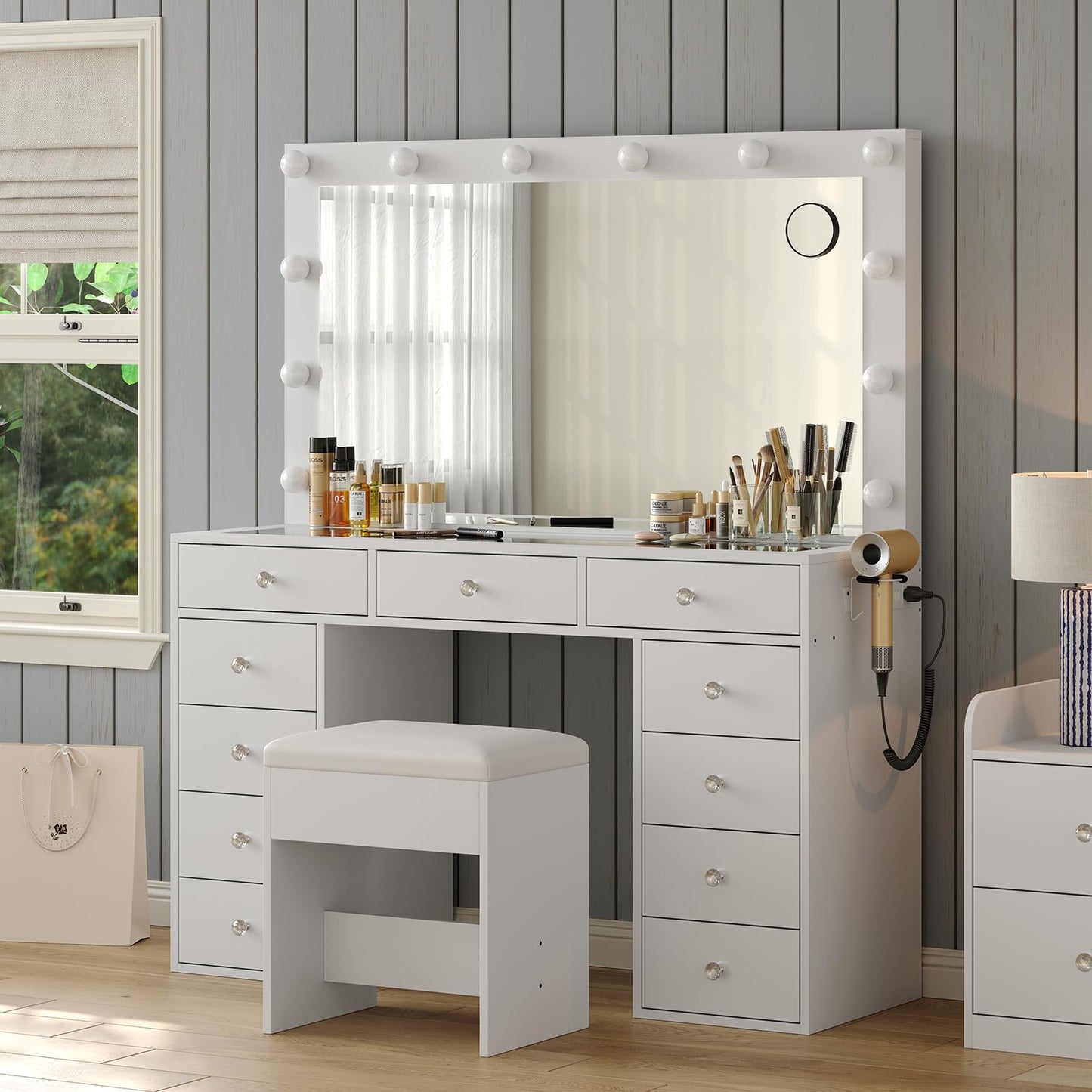Makeup Vanity Desk with 12-Bulb LED Mirror, 11 Drawers, Built-In Power Outlet and Chair, White Glass Top