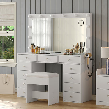 Makeup Vanity Desk with 12-Bulb LED Mirror, 11 Drawers, Built-In Power Outlet and Chair, White Glass Top