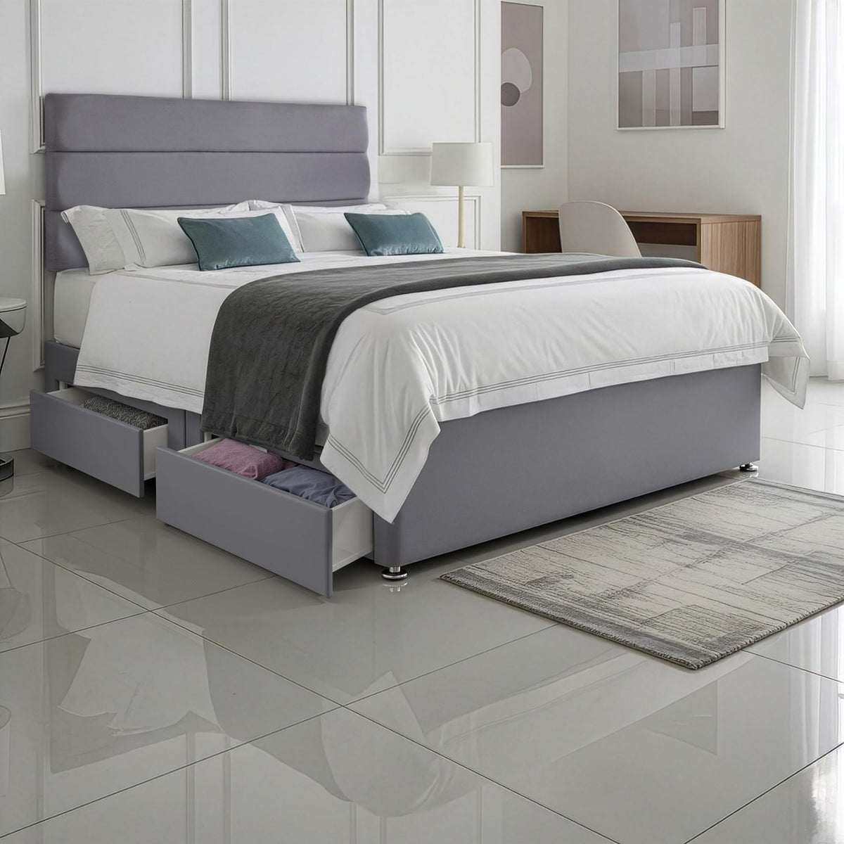 5ft King Size Divan Bed Set with Orthopaedic Mattress, 2 Storage Drawers and 26-Inch Headboard, Sierra Grey