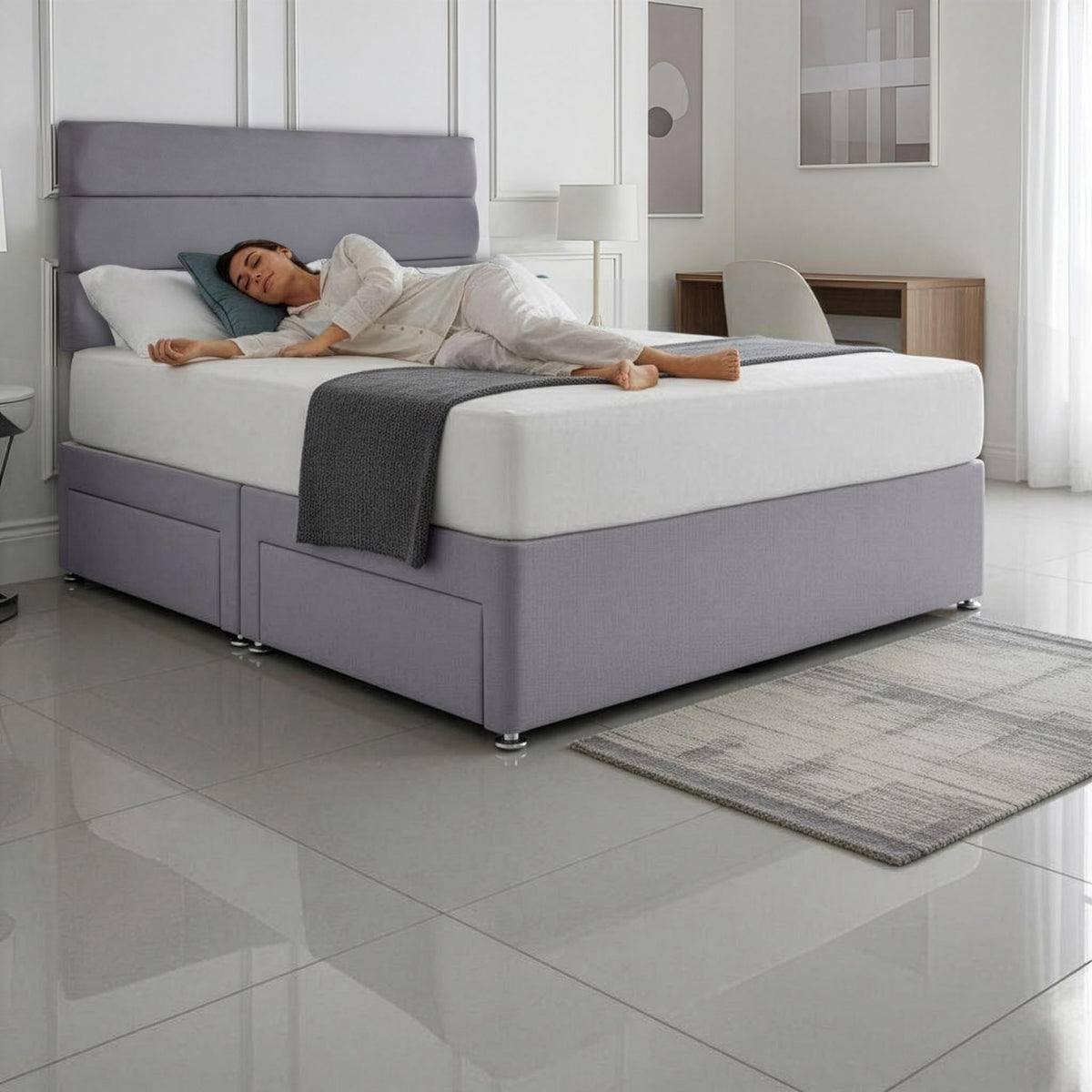 5ft King Size Divan Bed Set with Orthopaedic Mattress, 2 Storage Drawers and 26-Inch Headboard, Sierra Grey