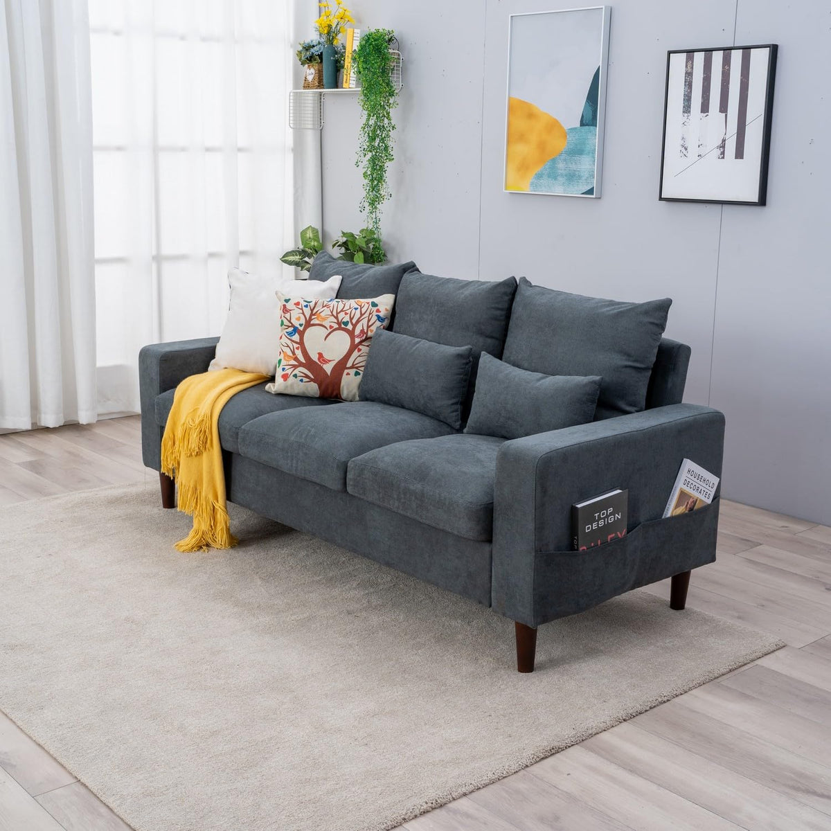 Grey Linen 3-Seater and 2-Seater Fabric Sofa Set with Pocket Spring Cushions and Solid Wood Legs