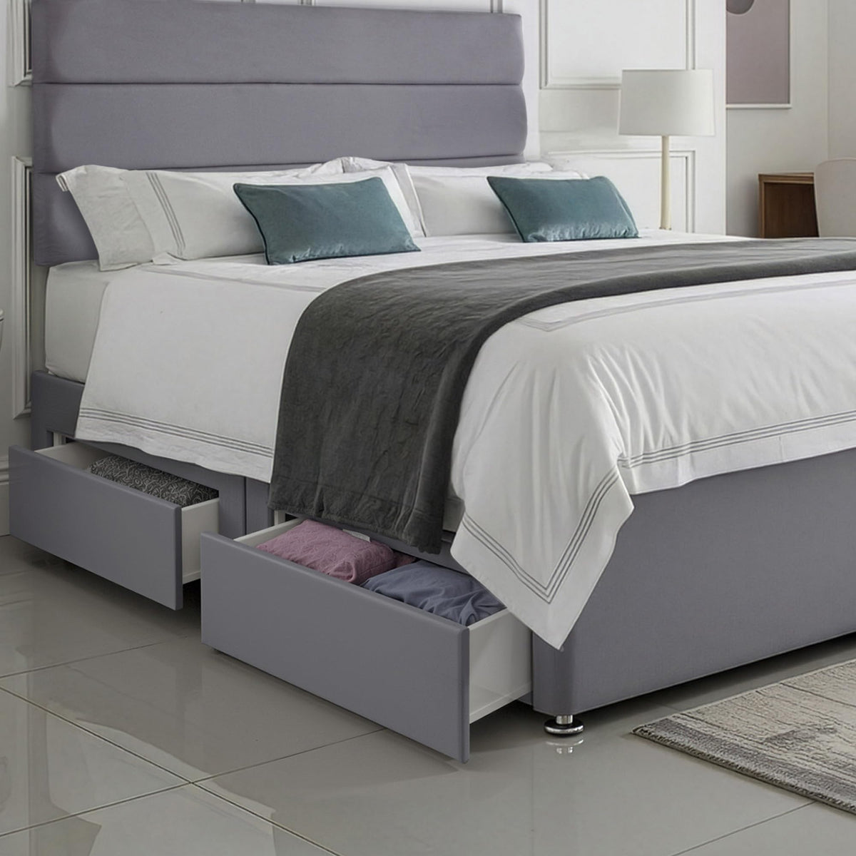 5ft King Size Divan Bed Set with Orthopaedic Mattress, 2 Storage Drawers and 26-Inch Headboard, Sierra Grey
