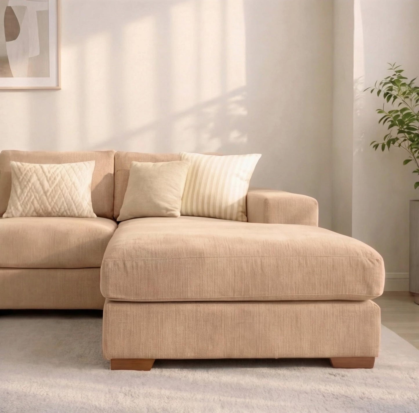 U-Shaped 4-5 Seater Sectional Sofa with Full Back Chaise and Tufted Arms in Beige Linen