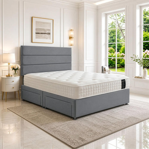 5ft King Size Divan Bed Set with Orthopaedic Mattress, 2 Storage Drawers and 26-Inch Headboard, Sierra Grey
