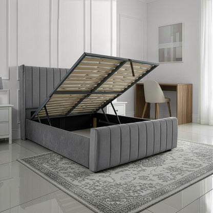 Small Double Ottoman Gas Lift Bed Frame with Concealed Storage in Plush Grey Fabric