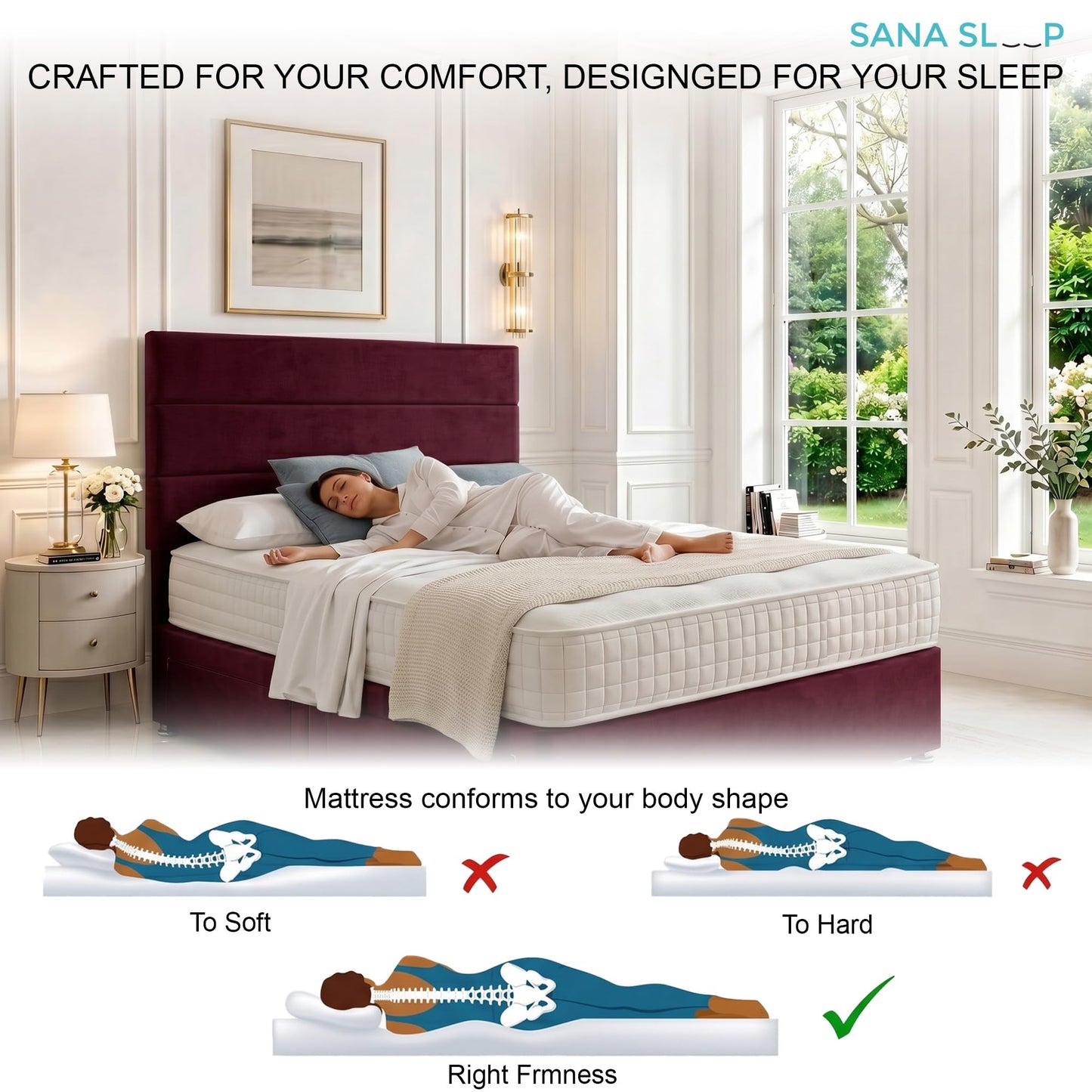 5ft King Size Divan Bed Set with Orthopaedic Mattress, 2 Storage Drawers and 26-Inch Headboard, Mulberry
