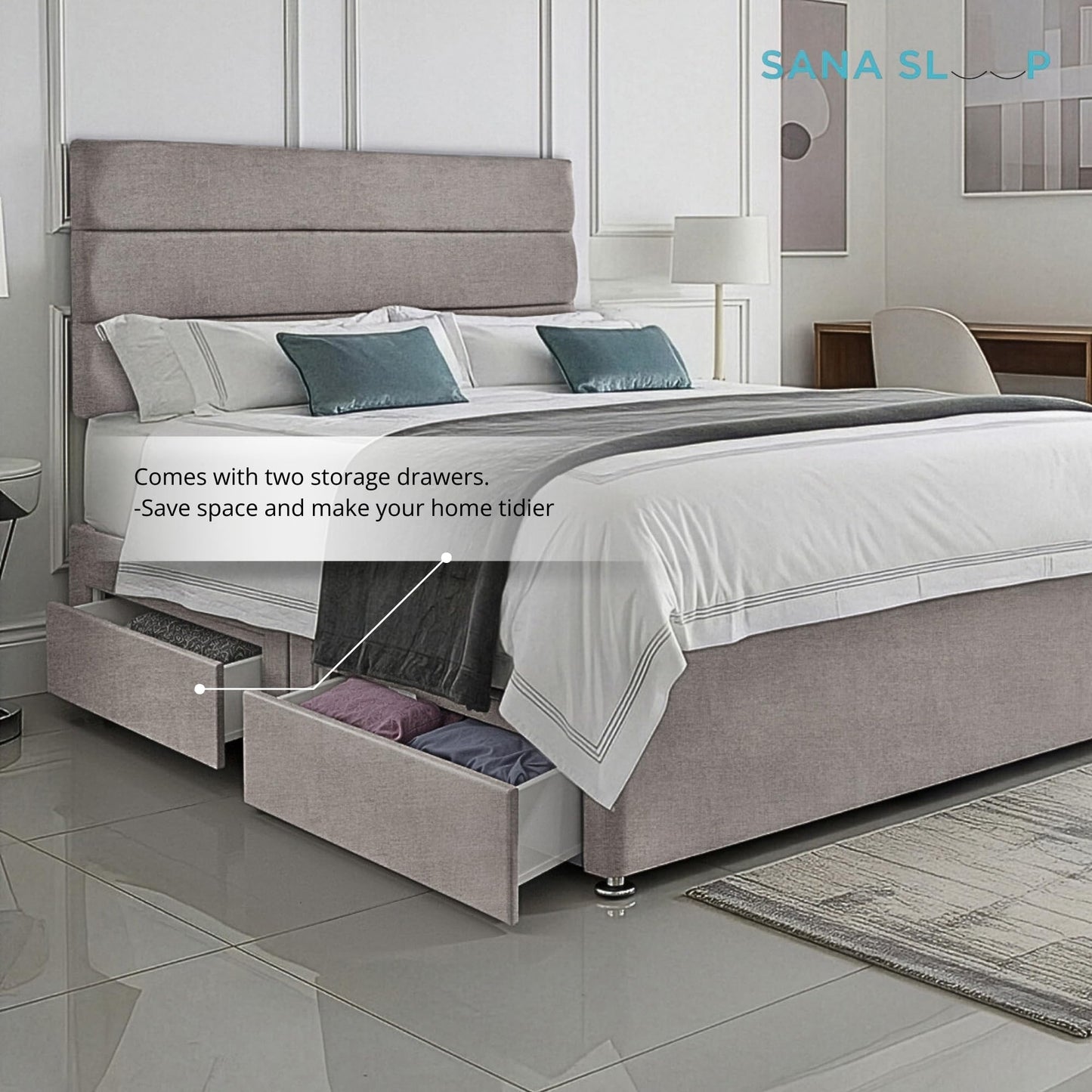5ft King Size Divan Bed Set with Orthopaedic Mattress, 2 Storage Drawers and 26-Inch Headboard, Silver