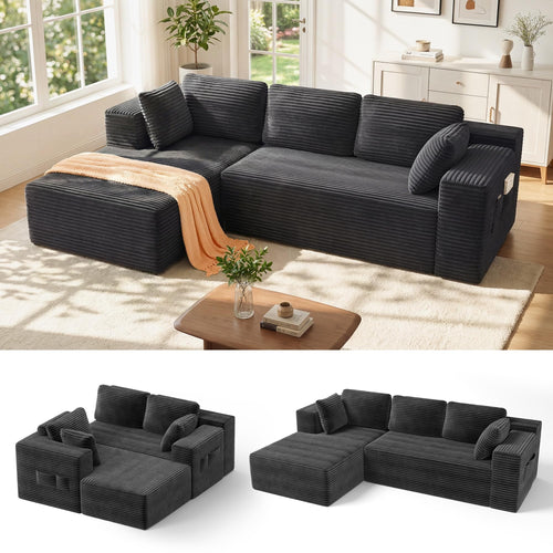 250cm Modular L-Shaped Corner Sofa in Dark Grey Corduroy with Built-In Storage and No Assembly Required