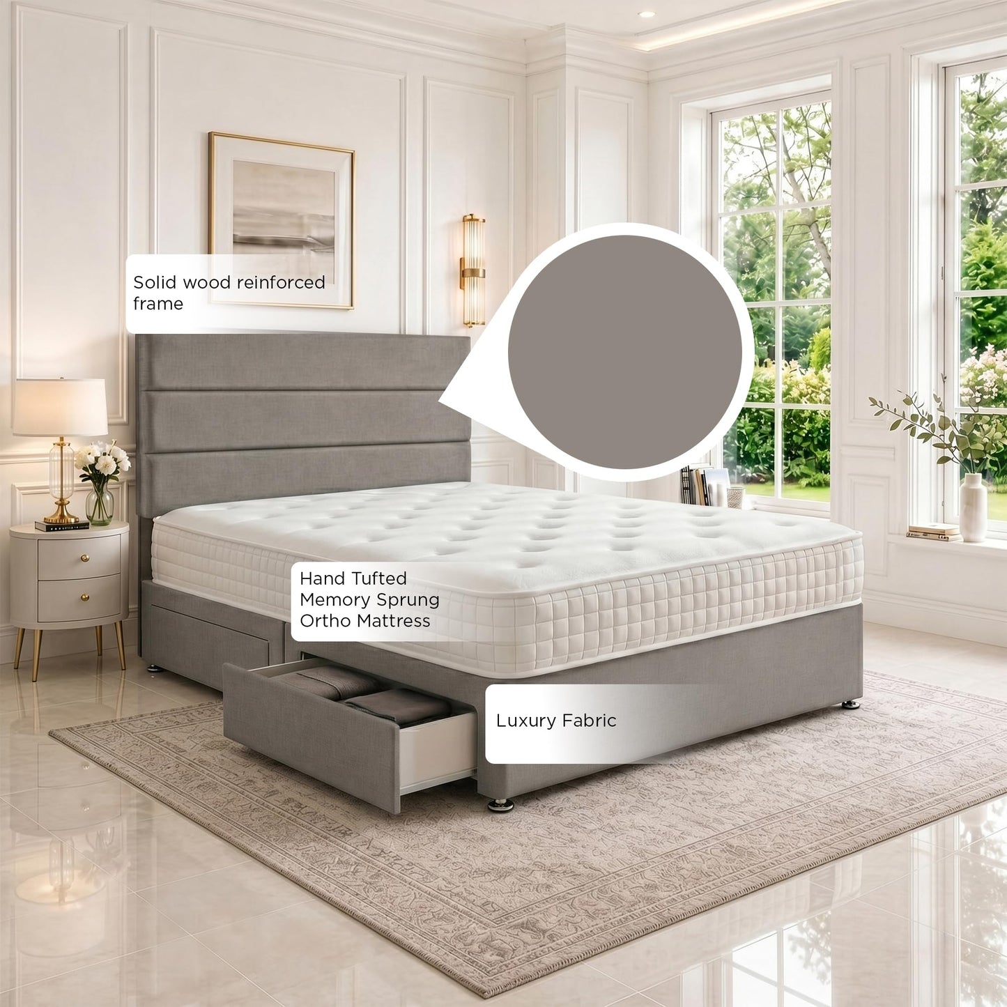 5ft King Size Divan Bed Set with Orthopaedic Mattress, 2 Storage Drawers and 26-Inch Headboard, Grey