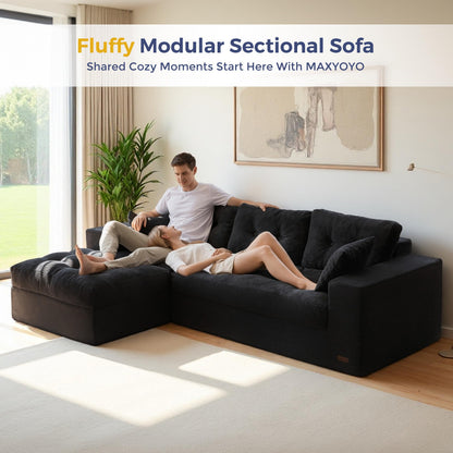 Modular 3-4 Seater L-Shaped Corner Sofa in Black Jumbo Corduroy with Removable Footstool, No Assembly