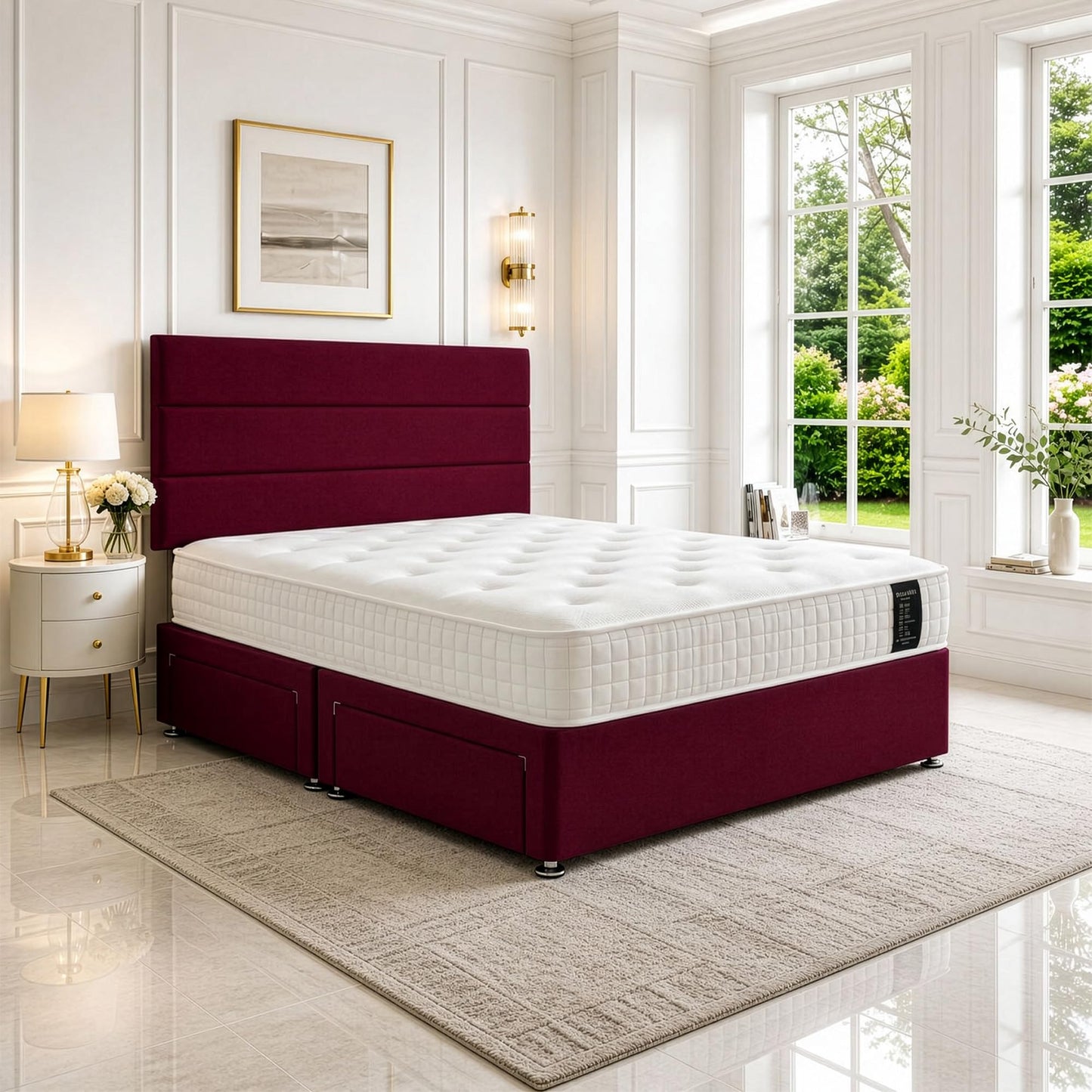 5ft King Size Divan Bed Set with Orthopaedic Mattress, 2 Storage Drawers and 26-Inch Headboard, Mulberry
