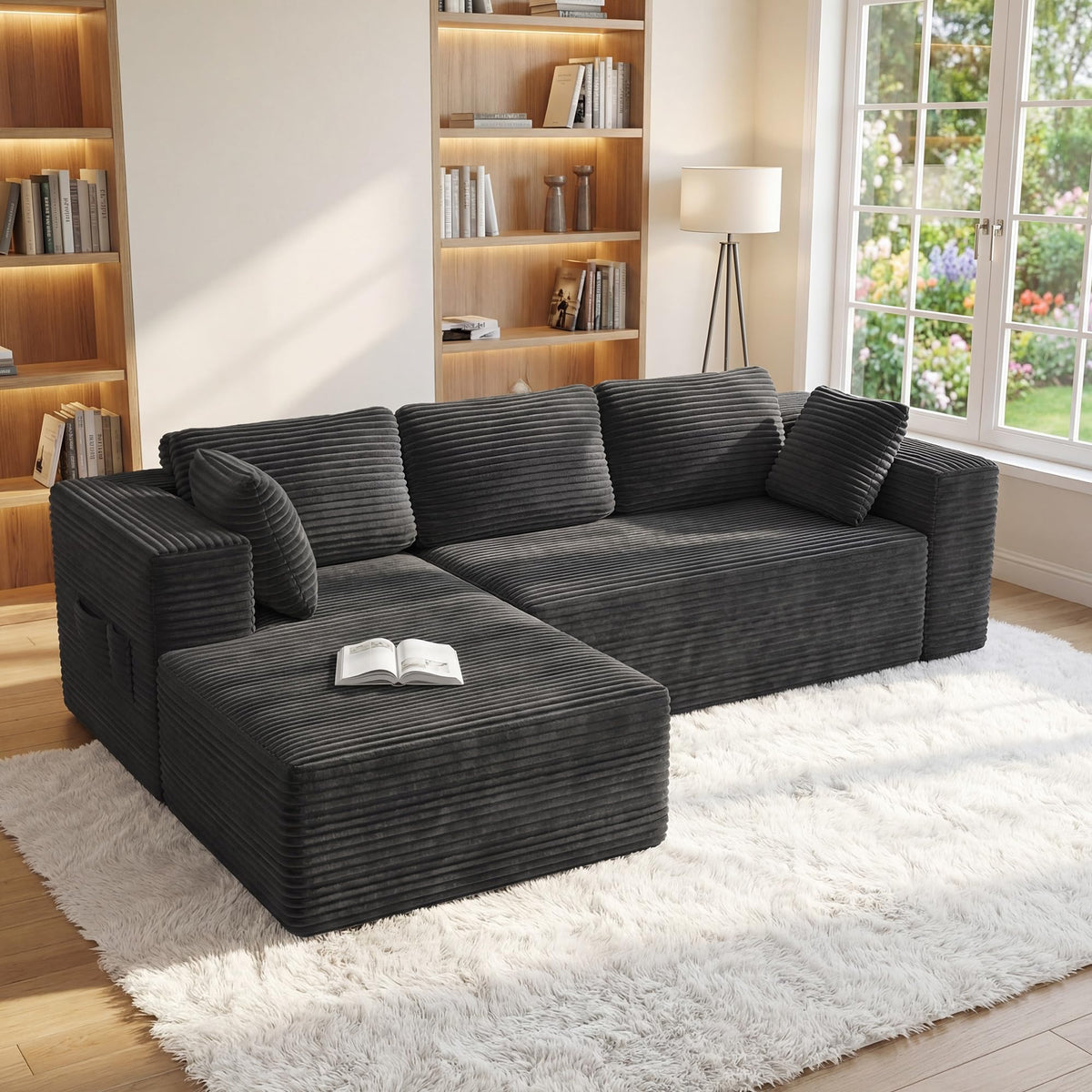 250cm Modular L-Shaped Corner Sofa in Dark Grey Corduroy with Built-In Storage and No Assembly Required