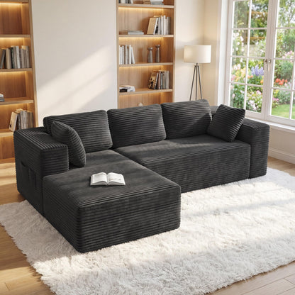 250cm Modular L-Shaped Corner Sofa in Dark Grey Corduroy with Built-In Storage and No Assembly Required