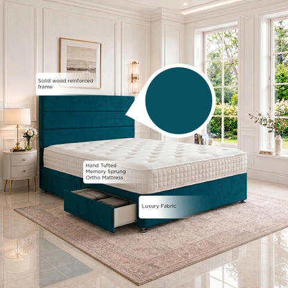5ft King Size Divan Bed Set with Orthopaedic Mattress, 2 Storage Drawers and 26-Inch Headboard, Jade