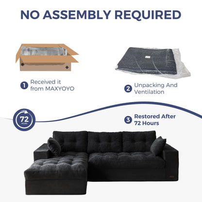 Modular 3-4 Seater L-Shaped Corner Sofa in Black Jumbo Corduroy with Removable Footstool, No Assembly