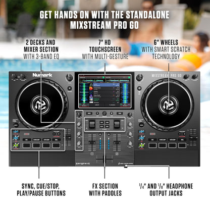 Numark Mixstream Pro Go Portable DJ Controller with Battery, Mixer with Stem Separation