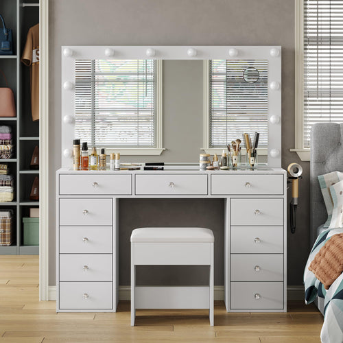 Makeup Vanity Desk with 12-Bulb LED Mirror, 11 Drawers, Built-In Power Outlet and Chair, White Glass Top