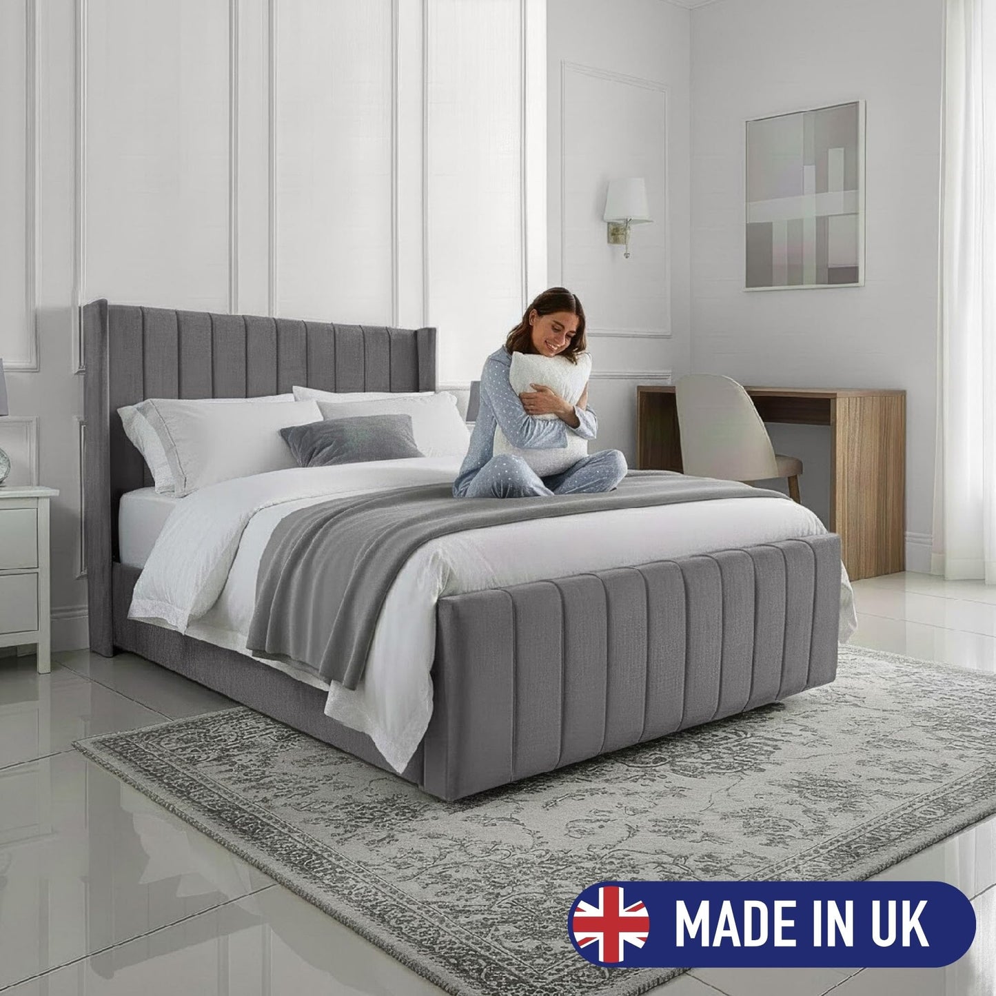 Small Double Ottoman Gas Lift Bed Frame with Concealed Storage in Plush Grey Fabric